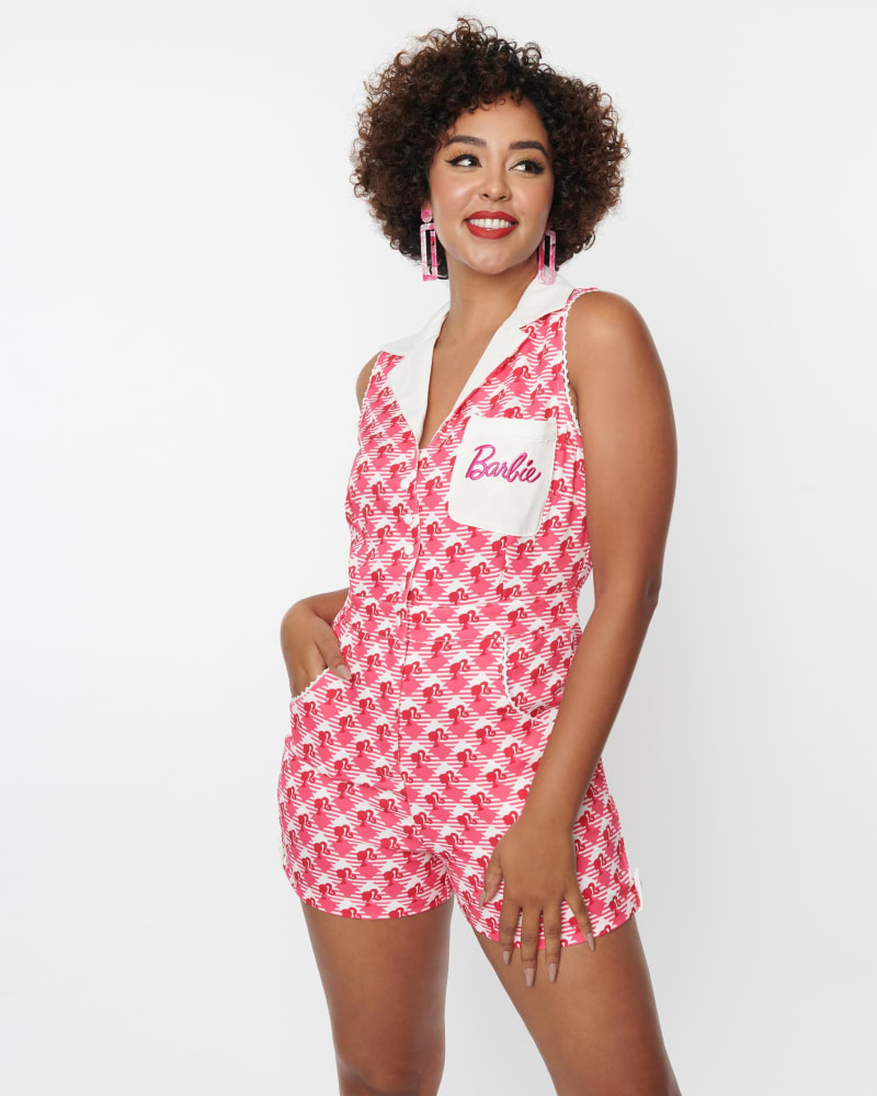 Front of a model wearing a size XL Barbie x Unique Vintage Pink Barbie Gingham Shelby Romper in Pink, Gingham by Unique Vintage. | dia_product_style_image_id:301093